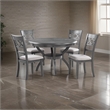 Benjara Ceri 5 Piece Round Dining Table and Chair Set- Gray Wood- White Fabric