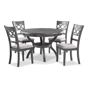 Benjara Ceri 5 Piece Round Dining Table and Chair Set- Gray Wood- White Fabric