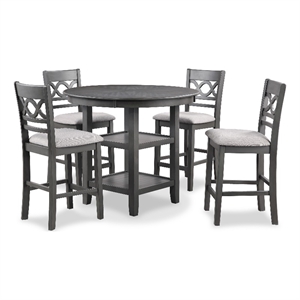 Benjara Ceri 5pc Round Counter Dining Table & Chair Set- Gray Wood- White Fabric