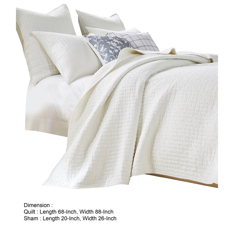 Benjara Xumi 2pc Twin Quilt and Pillow Sham Set- Channeled- Antique White Cotton