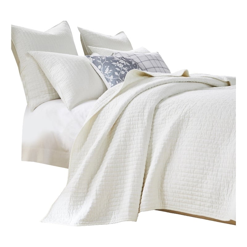 Benjara Xumi 2pc Twin Quilt and Pillow Sham Set- Channeled- Antique White Cotton