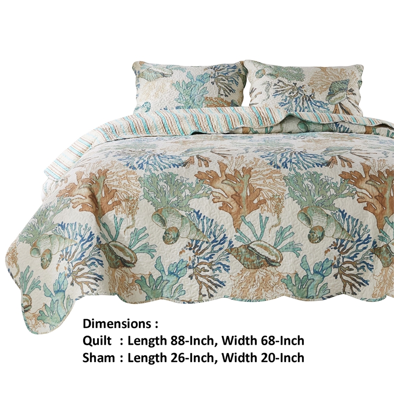 Benjara Wade 2pc Twin Quilt & Pillow Sham Set-Cotton Fill-Coastal Seashell Jade