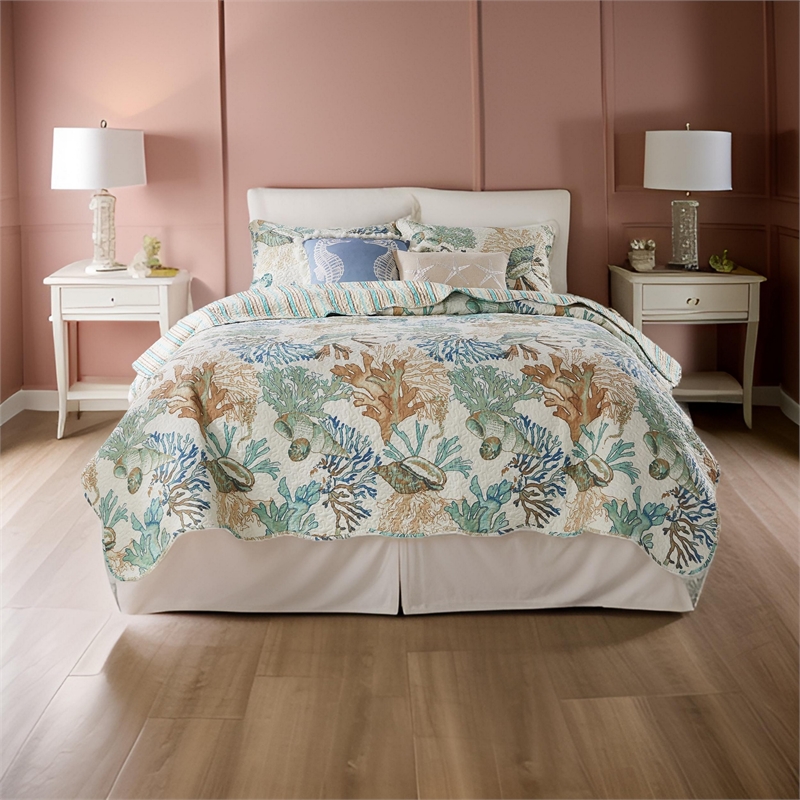 Benjara Wade 2pc Twin Quilt & Pillow Sham Set-Cotton Fill-Coastal Seashell Jade