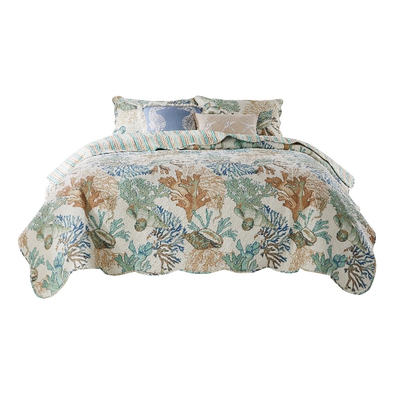 Benjara Wade 2pc Twin Quilt & Pillow Sham Set-Cotton Fill-Coastal Seashell Jade