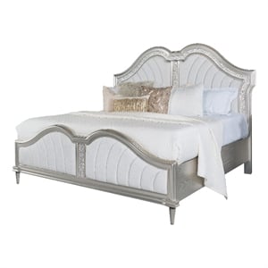 Benjara Nive King Bed-Oak Wood-Double Arched Upholstered Headboard-Ivory Silver