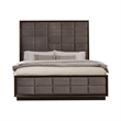 Benjara Hena Queen Bed-Grid Tufted Upholstered Tall Panel Headboard-Taupe-Gold