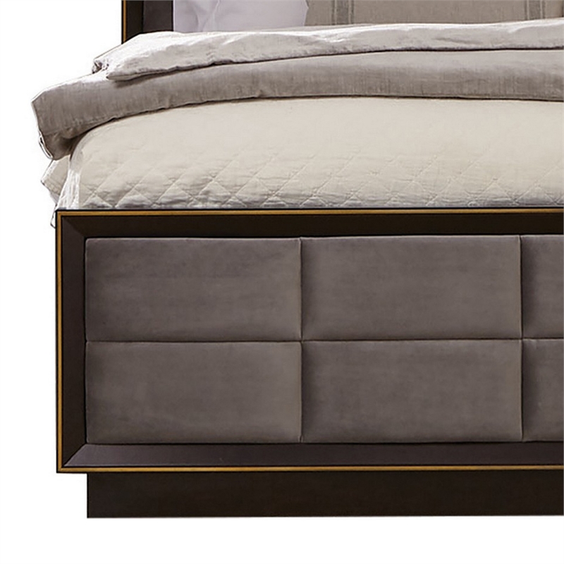 Benjara Hena Queen Bed-Grid Tufted Upholstered Tall Panel Headboard-Taupe-Gold