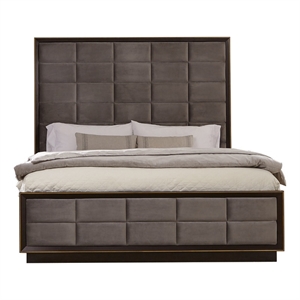 Benjara Hena California King Bed- Grid Tufted Taupe Tall Panel Headboard