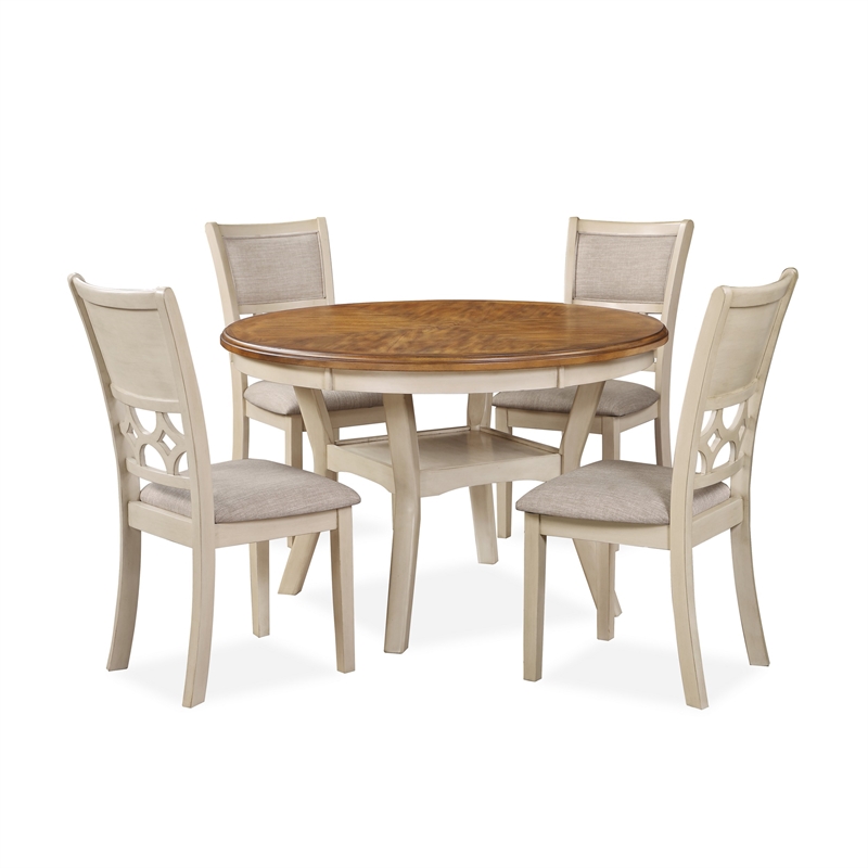 Benjara Beas 5 Piece Dining Table & Chair Set- Brown- Beige Wood- Fabric Seating