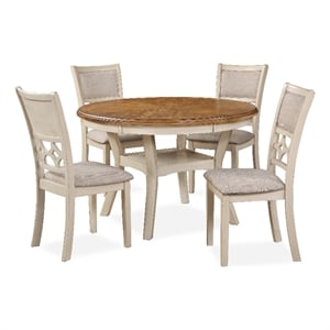 Benjara Beas 5 Piece Dining Table & Chair Set- Brown- Beige Wood- Fabric Seating