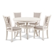 Benjara Aine 5 Piece Round Dining Table and Chair Set- White Wood- Fabric Seat