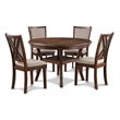 Benjara Aine 5 PC Round Dining Table- Chair Set- Cherry Brown Wood- Fabric Seat