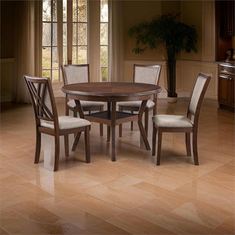 Benjara Aine 5 PC Round Dining Table- Chair Set- Cherry Brown Wood- Fabric Seat