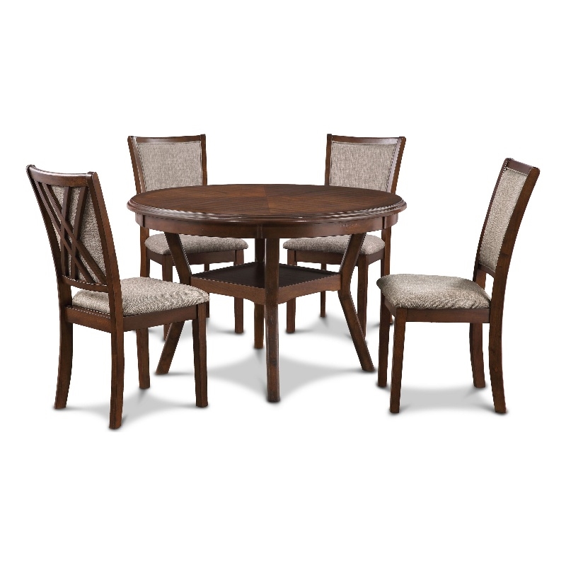 Benjara Aine 5 PC Round Dining Table- Chair Set- Cherry Brown Wood- Fabric Seat