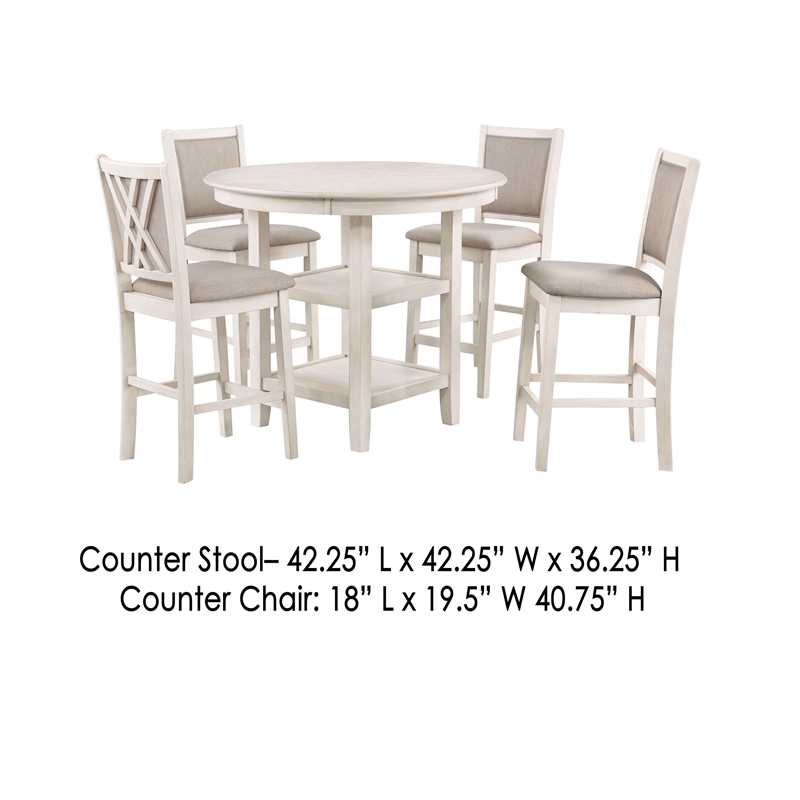 Benjara Aine 5 PC Round Counter Dining Table- Chair Set- White Wood- Fabric Seat