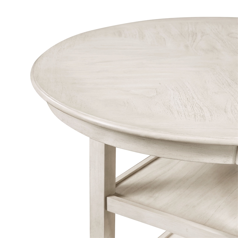 Benjara Aine 5 PC Round Counter Dining Table- Chair Set- White Wood- Fabric Seat