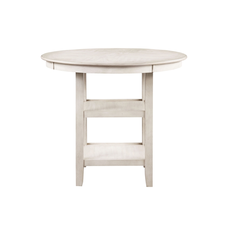 Benjara Aine 5 PC Round Counter Dining Table- Chair Set- White Wood- Fabric Seat
