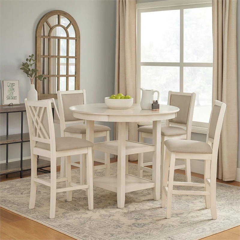 Benjara Aine 5 PC Round Counter Dining Table- Chair Set- White Wood- Fabric Seat