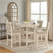 Benjara Aine 5 PC Round Counter Dining Table- Chair Set- White Wood- Fabric Seat