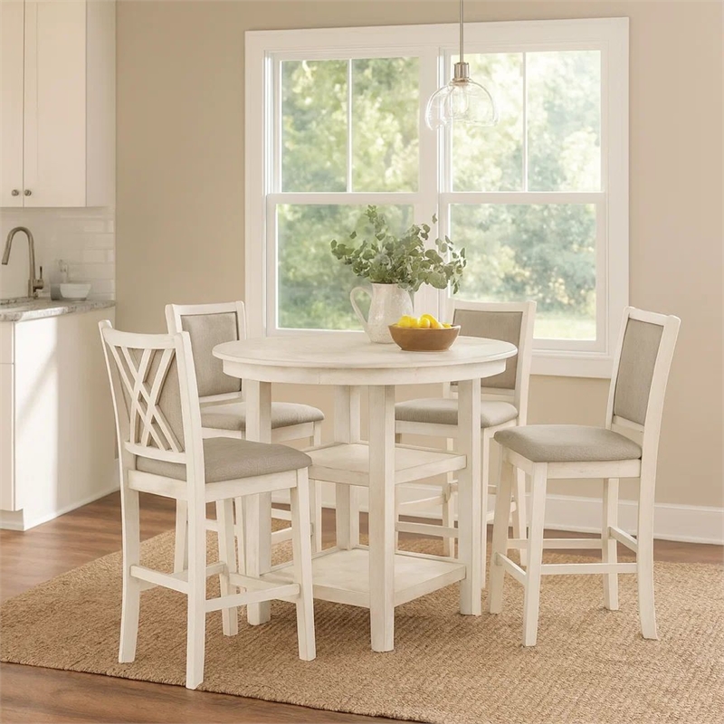 Benjara Aine 5 PC Round Counter Dining Table- Chair Set- White Wood- Fabric Seat