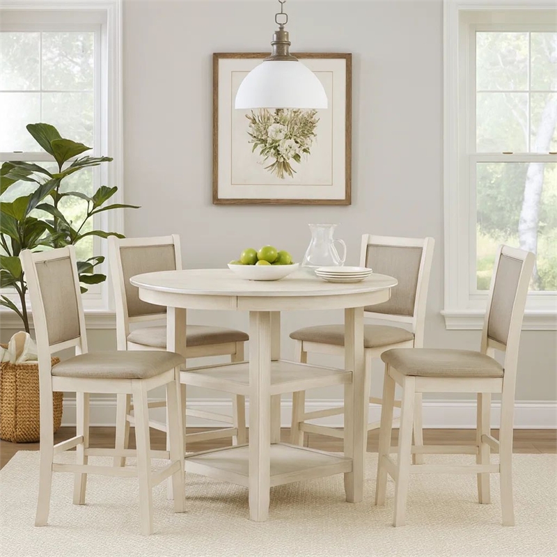 Benjara Aine 5 PC Round Counter Dining Table- Chair Set- White Wood- Fabric Seat
