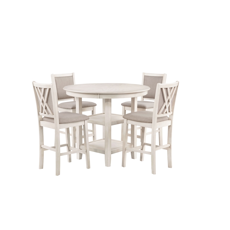 Benjara Aine 5 PC Round Counter Dining Table- Chair Set- White Wood- Fabric Seat