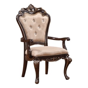 Benjara Leon 25&quot Set of 2 Tufted Dining Armchair- Cherry Brown Wood- Beige Seat