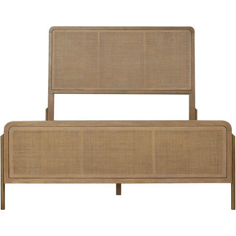 Benjara Sea Wood King Size Bed with Woven Cane Design-Open Panel-4 Slats-Brown