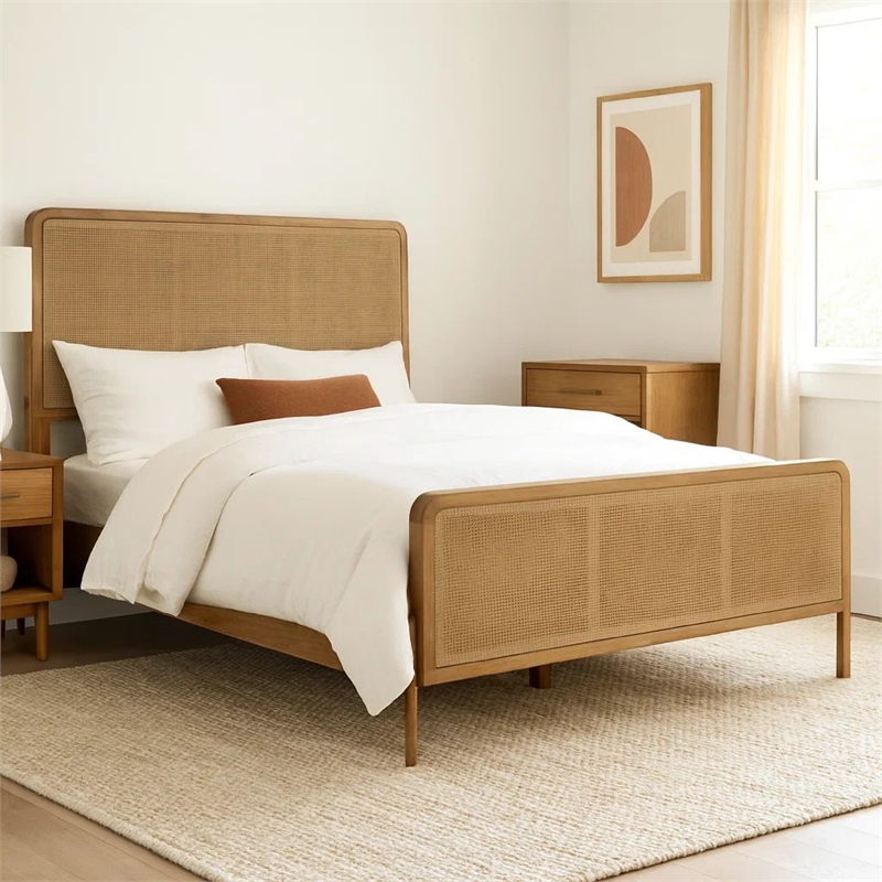 Benjara Sea Wood King Size Bed with Woven Cane Design-Open Panel-4 Slats-Brown