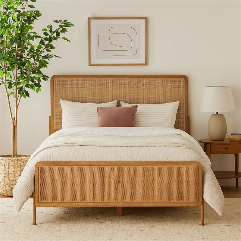 Benjara Sea Wood King Size Bed with Woven Cane Design-Open Panel-4 Slats-Brown