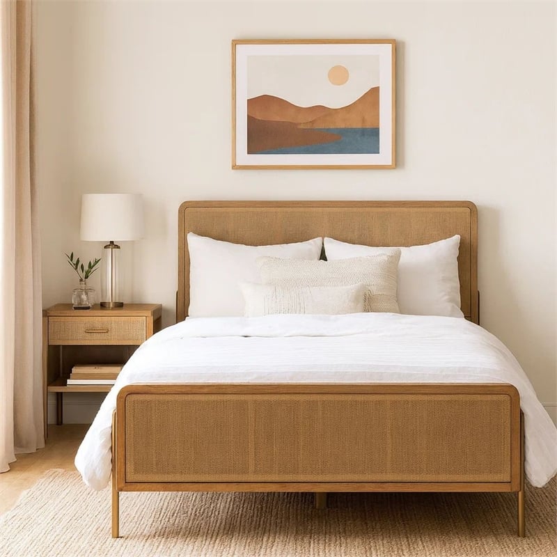 Benjara Sea Wood King Size Bed with Woven Cane Design-Open Panel-4 Slats-Brown