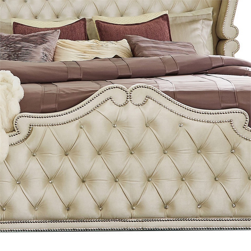Benjara Lino Wood Queen Bed- Opulent Tufted Velvet- French Carved- Ivory