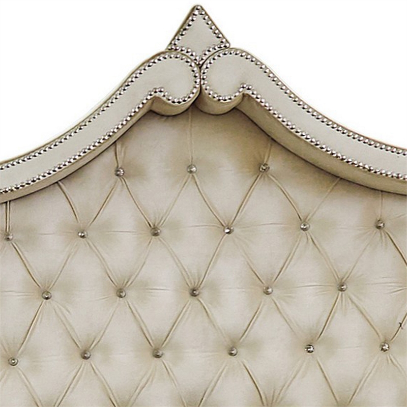 Benjara Lino Wood Queen Bed- Opulent Tufted Velvet- French Carved- Ivory