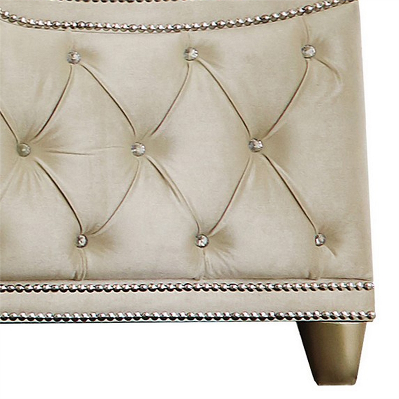 Benjara Lino Wood Queen Bed- Opulent Tufted Velvet- French Carved- Ivory