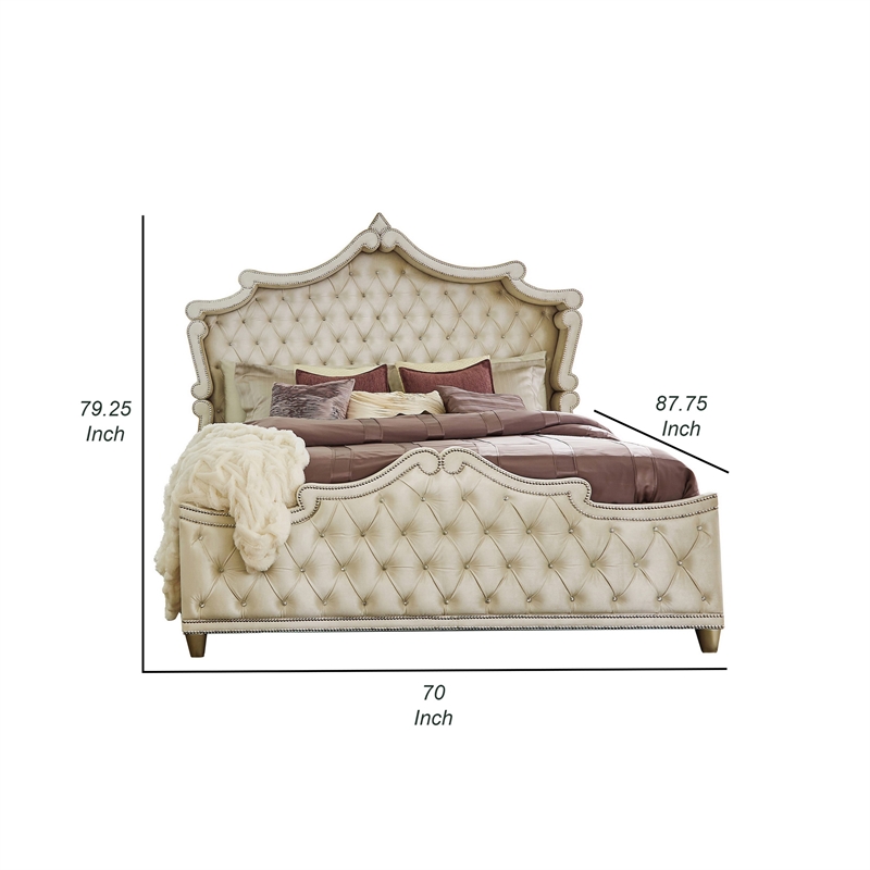 Benjara Lino Wood Queen Bed- Opulent Tufted Velvet- French Carved- Ivory