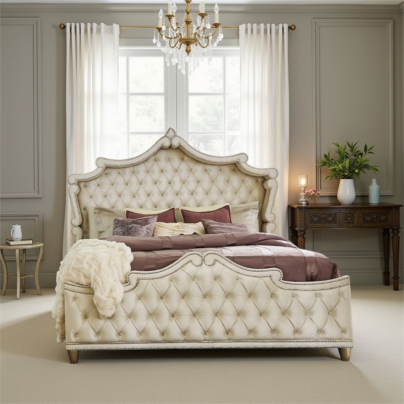Benjara Lino Wood Queen Bed- Opulent Tufted Velvet- French Carved- Ivory