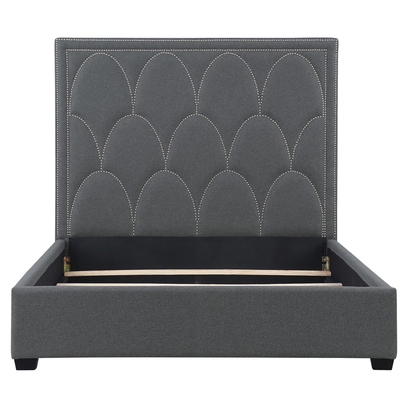 Benjara Bima Queen Size Bed- Scalloped- Nailhead Trim- Gray Fabric Upholstered