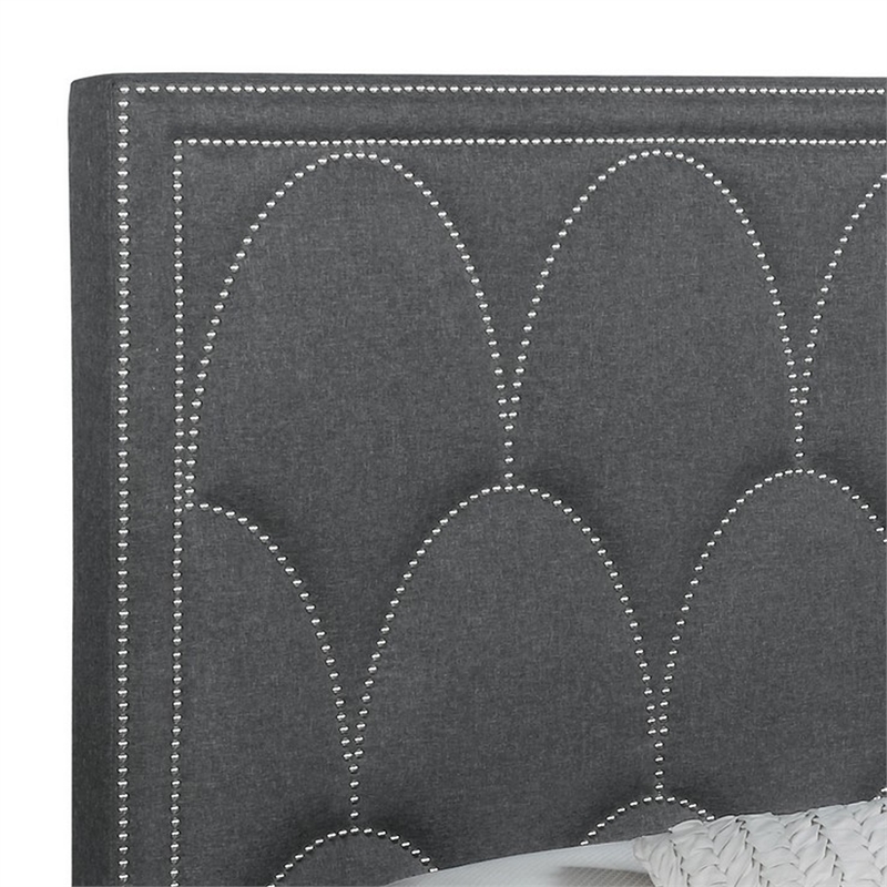 Benjara Bima Queen Size Bed- Scalloped- Nailhead Trim- Gray Fabric Upholstered