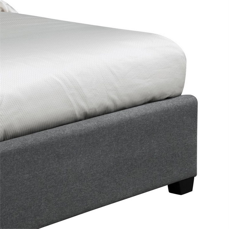 Benjara Bima Queen Size Bed- Scalloped- Nailhead Trim- Gray Fabric Upholstered