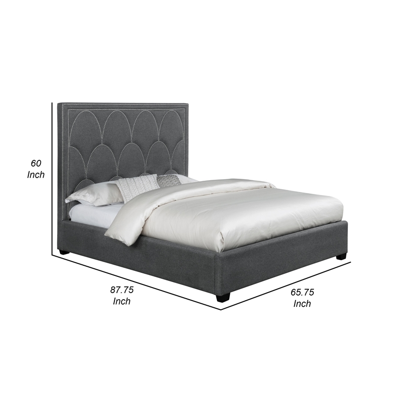Benjara Bima Queen Size Bed- Scalloped- Nailhead Trim- Gray Fabric Upholstered