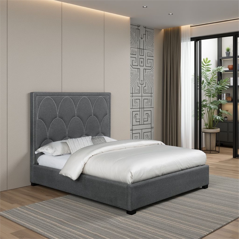 Benjara Bima Queen Size Bed- Scalloped- Nailhead Trim- Gray Fabric Upholstered