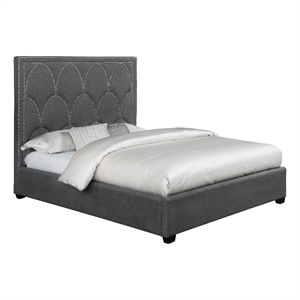 Benjara Bima Queen Size Bed- Scalloped- Nailhead Trim- Gray Fabric Upholstered