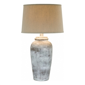 Benjara Leni 31&quot Hydrocal Table Lamp- Drum Shade- Stone White Urn Shaped Base
