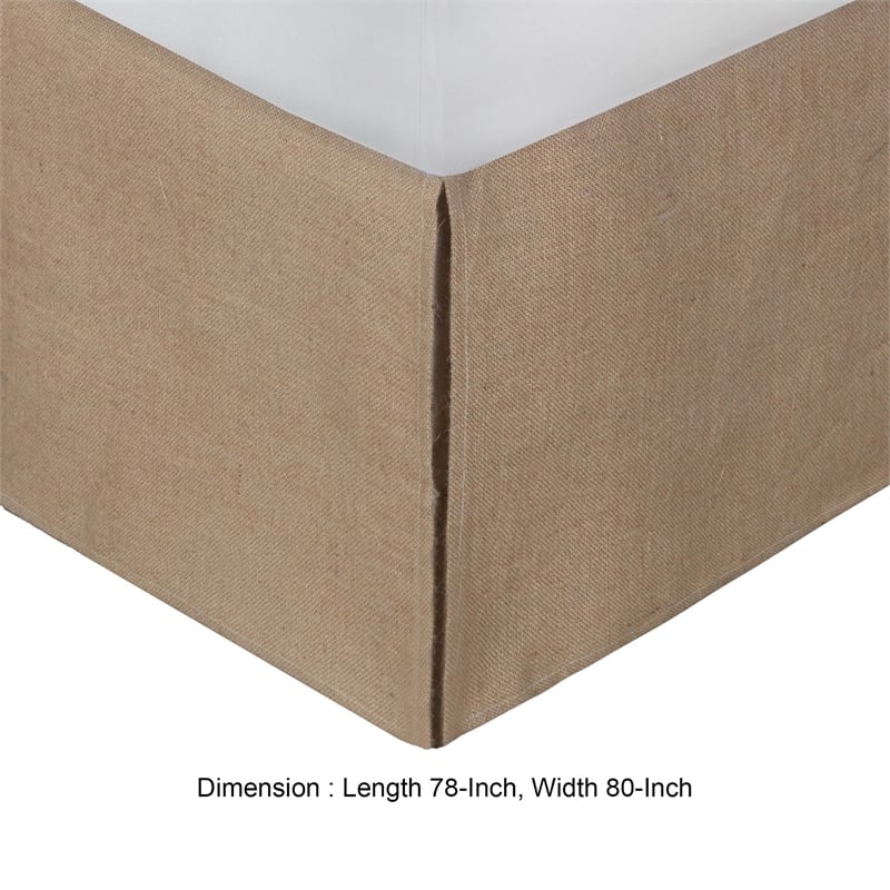 Benjara Kuma King Bed Skirt-Spilt Corners-Burlap Drop-Polyester Platform-Brown