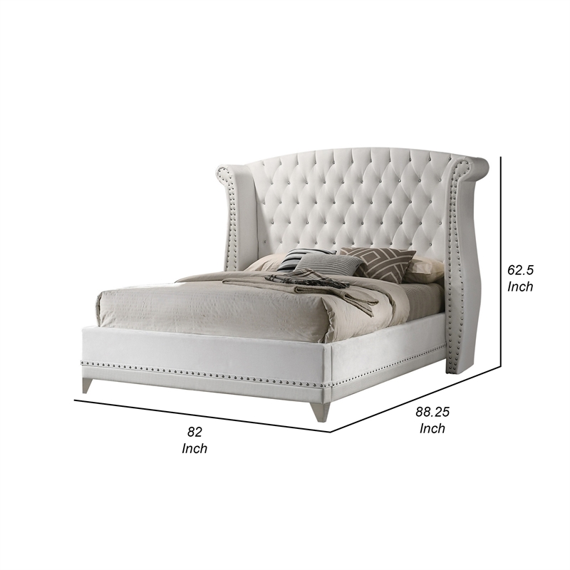 Benjara Dini Wingback Queen Bed- Crystal Button Tufting- White Velvet Upholstery