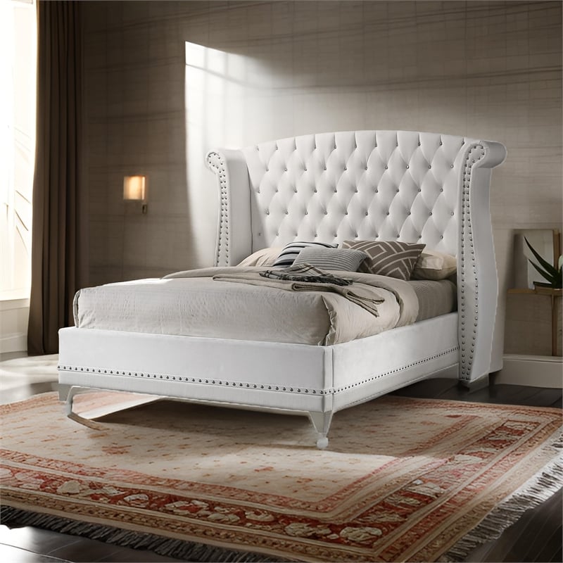 Benjara Dini Wingback Queen Bed- Crystal Button Tufting- White Velvet Upholstery