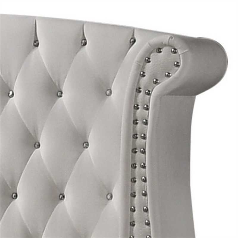 Benjara Dini Wingback Queen Bed- Crystal Button Tufting- White Velvet Upholstery