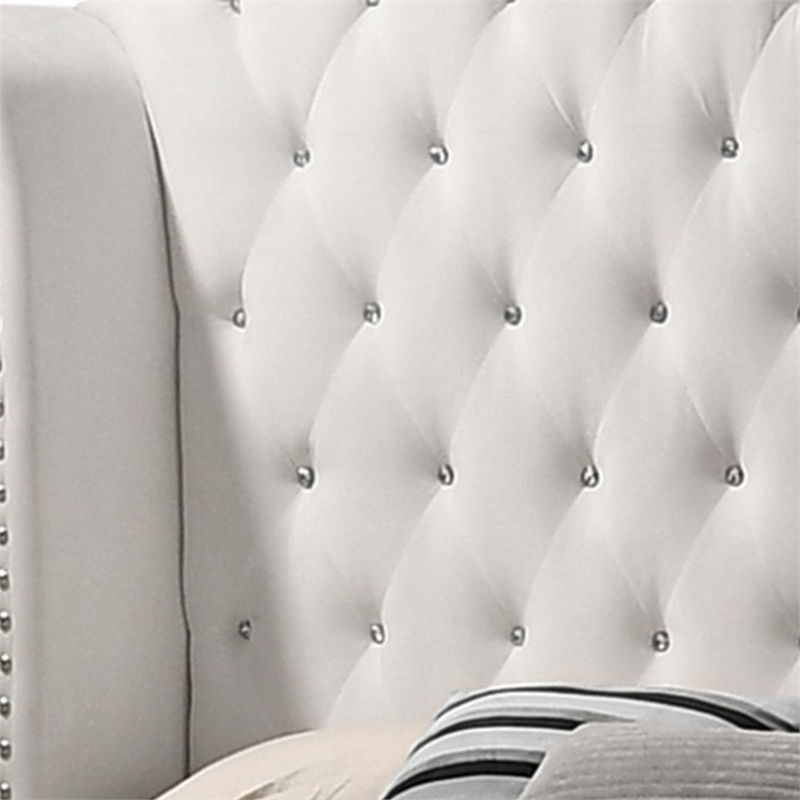 Benjara Dini Wingback Queen Bed- Crystal Button Tufting- White Velvet Upholstery