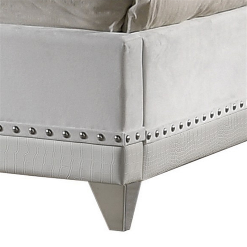 Benjara Dini Wingback Queen Bed- Crystal Button Tufting- White Velvet Upholstery