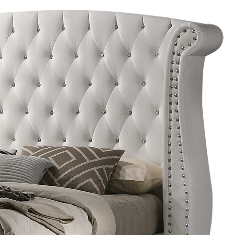 Benjara Dini California King Bed-Crystal Button Tufting-White Velvet Upholstery
